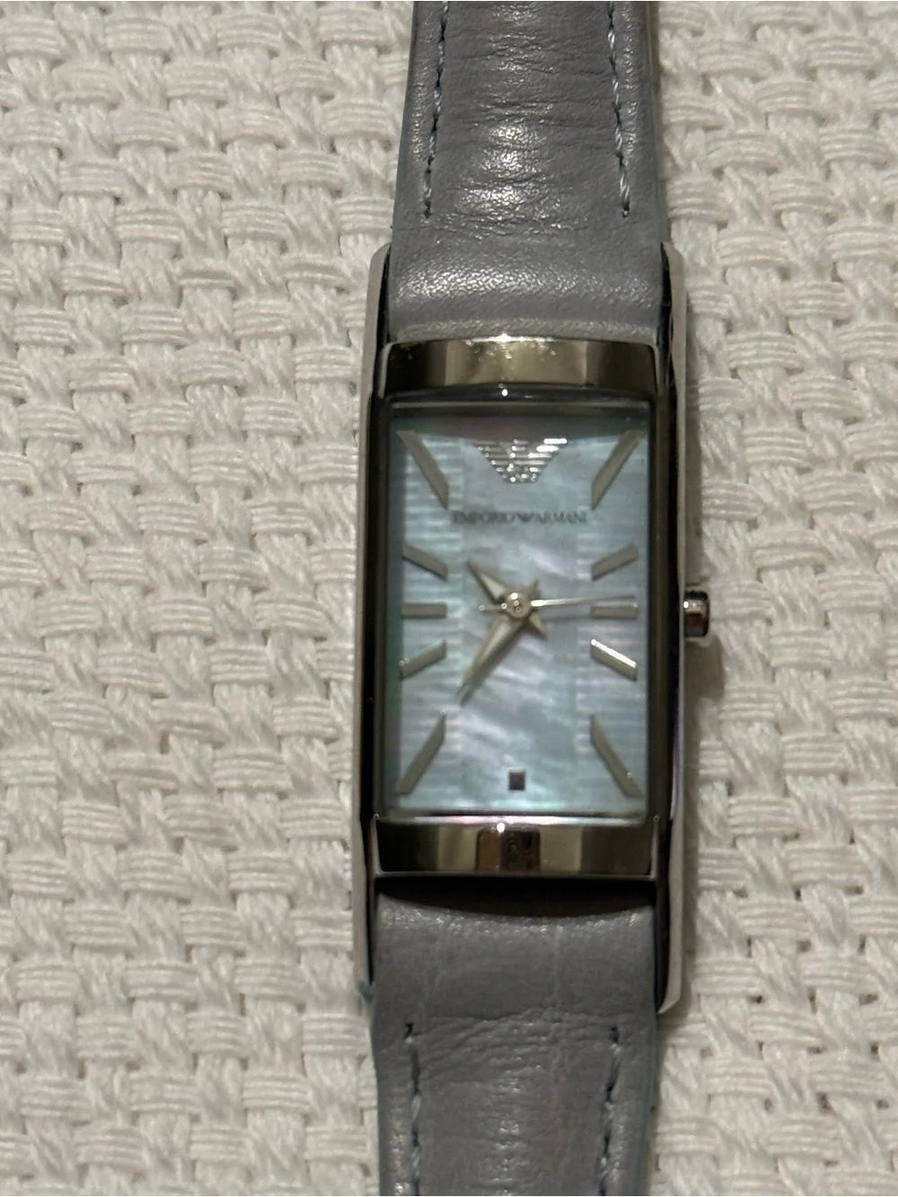 Emporio Armani Blue Leather Strap Rectangular Mother-of-Pearl Dial Watch